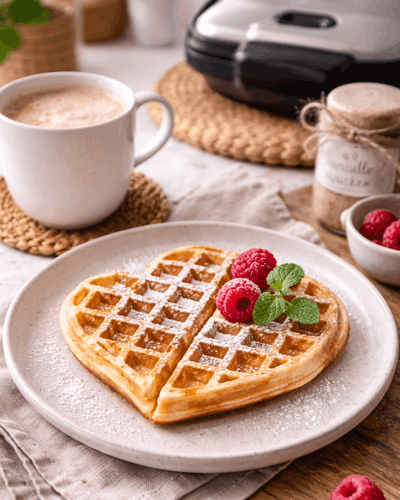 Waffel auf Teller, Kaffee, Himbeeren