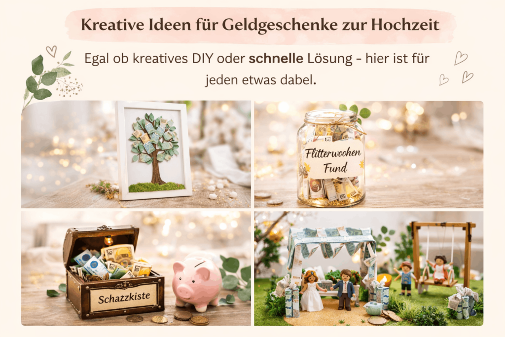 Ideensammlung Geldgeschenke - Geldbaum im Bilderrahmen, Geldglas mit Lichterdeko, Schatzkiste oder Szene Brautpaar nachgestellt mit Figuren