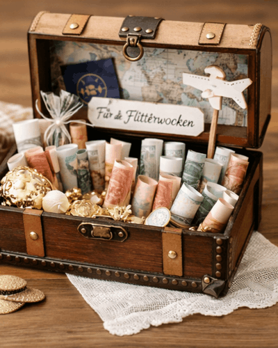 alte Schatzkiste mit Geldscheinen und Hochzeitsdeko geschmückt