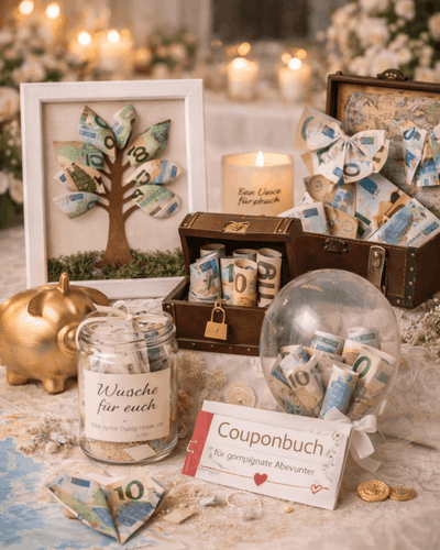 viele Geldgeschenke Ideen: eine Schatzkiste, Geldschmetterlinge, Geldbaum im Bilderrahmen, Scheine im Luftballon oder ein Geldglas