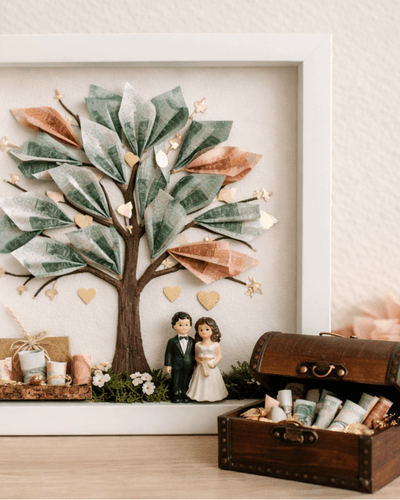 Geldbaum in Bilderrahmen als Geschenk zur Hochzeit, Schatzkiste mit Geldscheinen gefüllt