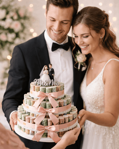 Brautpaar bekommt eine Geldtorte überreicht, beide strahlen