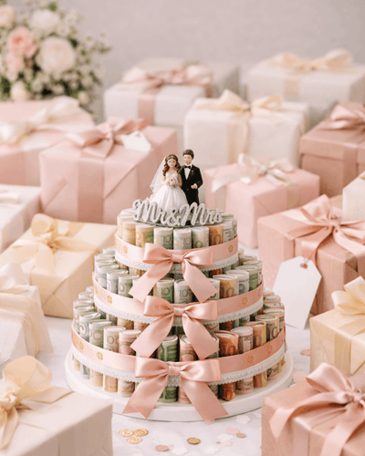 Geldtorte in mitten von vielen Geschenken