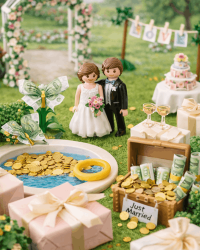 Hochzeitsszene nachgestellt mit Playmobil Figuren als Geldgeschenk - Brautpaar mit Gläsern zum Anstossen, Garten, Wäscheleine, Schatzkiste, Geldpool