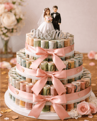 Geldtorte mit Schleife und Brautpaar oben drauf