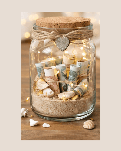 Geldglas gefüllt mit Sand, Muscheln, Lichterkette und Geldscheinen