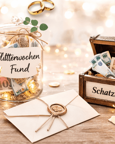 Geldglas mit Lichterkette und Dekoelementen geschmückt, Schatzkiste mit Geldscheinen, ein Umschlag mit Wachssiegel