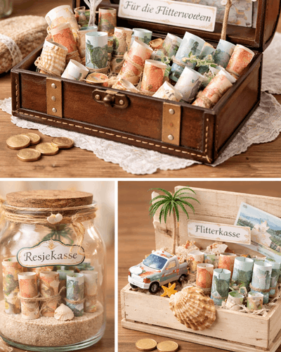 alte Schatzkiste mit Geldscheinen und Hochzeitsdeko geschmückt, Glas mit Geld und Sand mit Muscheln als Deko, Flitterwochenbox mit Geld, Palmen und Stranddeko
