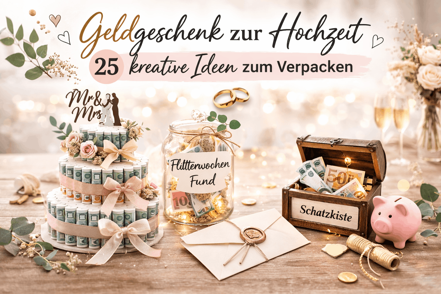 Geldtorte, Geldglas oder Schatzkiste als Hochzeitsgeschenk, ein schönes Kuvert mit Wachssiegel, Sparschwein als Präsent