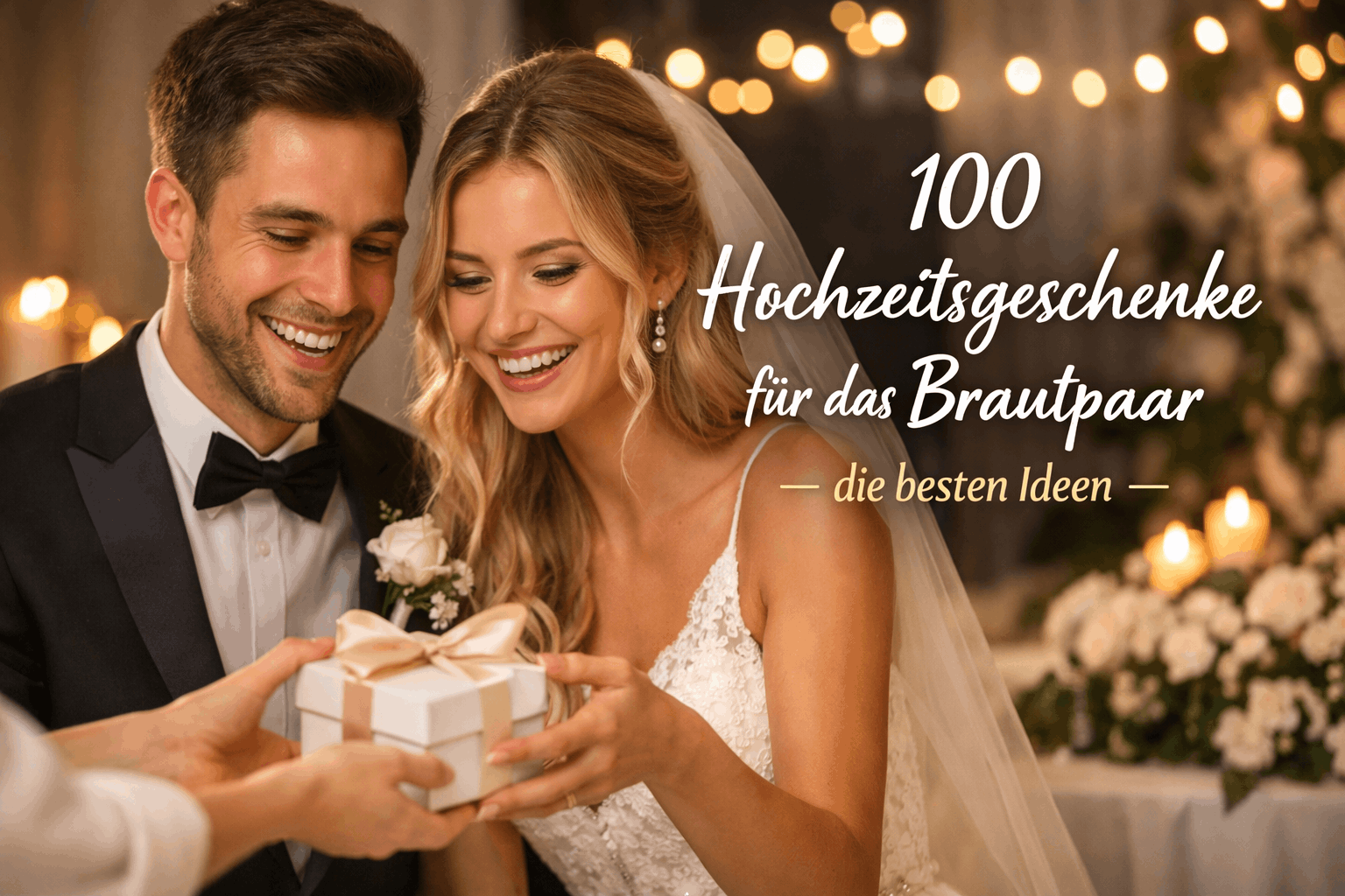 Brautpaar festlich in Kleid und Anzug bekommen kleinen Geschenk überreicht, Kerzen, Lichterglanz im Hintergrund