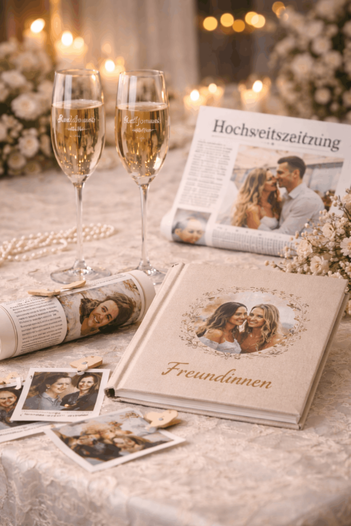Weitere Hochzeitsgeschenk Ideen mit Sektgläsern, Hochzeitszeitung und Fotobuch