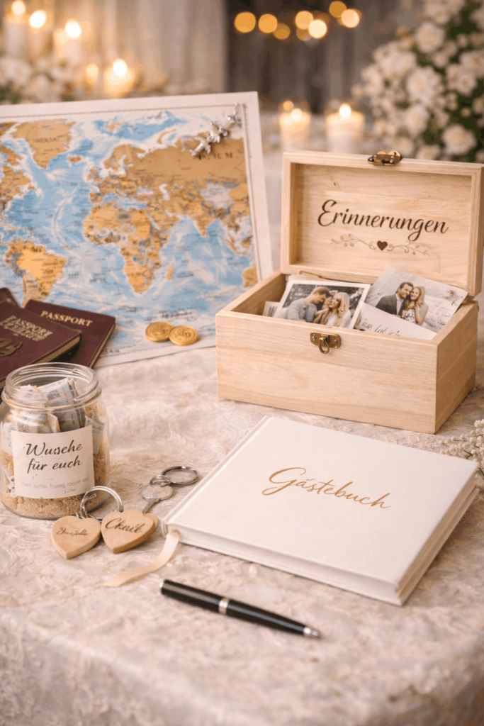 Hochzeitsgeschenke für besondere Paare mit Rubbel Weltkarte, Erinnerungsbox und Gästebuch