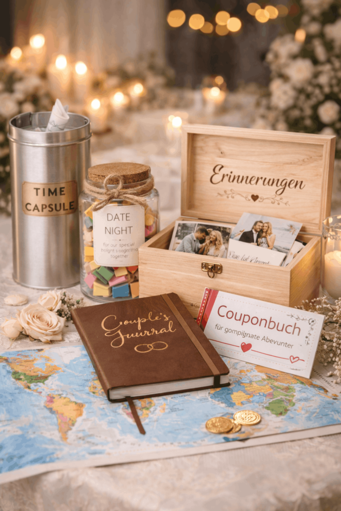 originelle Hochzeitsgeschenke, Holzbox als Erinnerungskiste mit fotos, Zeitkapsel für den 10ten Hochzeitstag, Notizbuch für das Paar