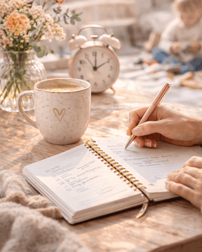 perfekte Morgenroutine für Mamas Planung am Morgen mit Kaffee und Journal