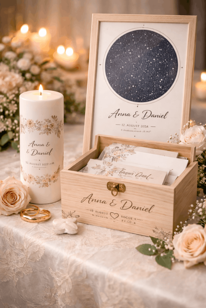 Personalisierte Hochzeitsgeschenke für das Brautpaar mit Sternenkarte, Hochzeitskerze und Erinnerungsbox