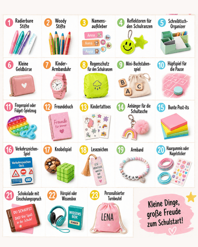 23 Ideen für die Schultuete abgebildet, Radierstifte, Woody Stifte, Namensaufkleber, Reflektoren, Organizer, Geldbörse, Armbanduhr, Regenschutz, Buchstabenspiel, Hüpfspiel, Fingerspiel, Freundebuch, Kindertattoo, Anhänger, Blöcke, Verkehrszeichen-Spiel, Knobelspiel, Lesezeichen, Armband, Haargummis, Schokolade, Wissensbox, Turnbeutel