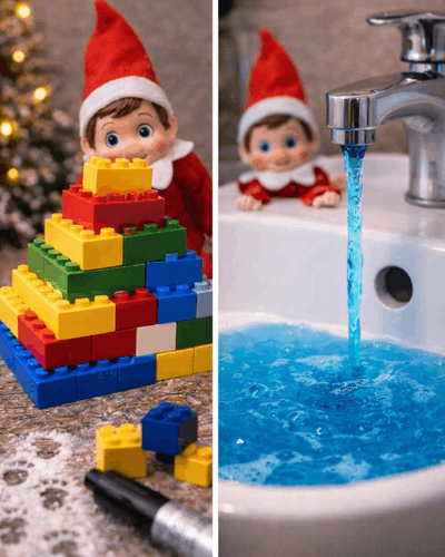 Blau gefärbtes Wasser und Lego Turm als kreative Wichtel Quatsch Idee