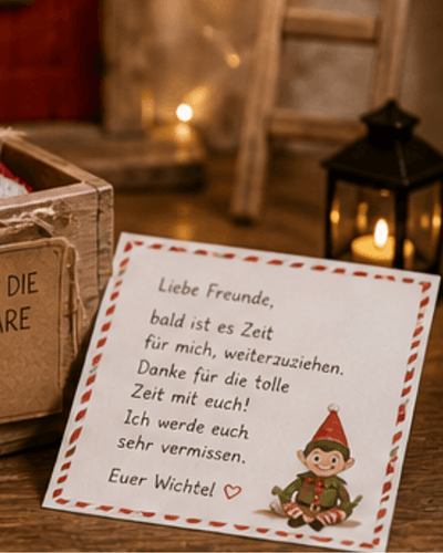 Wichtel Abschied Brief vor der Wichteltür mit Laterne und Leiter