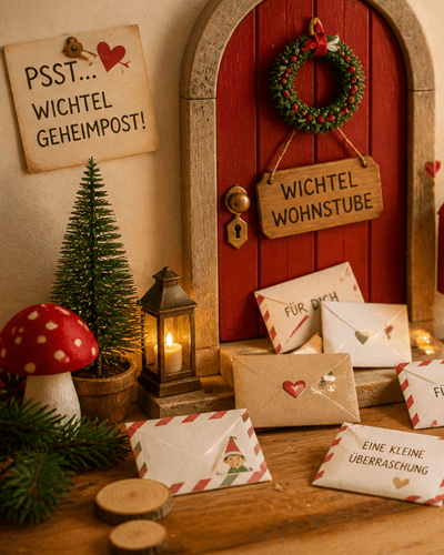 Viele verschiedene Wichtel Briefe vor der Wichteltür als Vorlage für jeden Tag