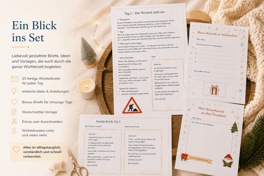 Beispielseiten aus dem Wichtel Briefe Set mit Wichtel erstem Brief, Bonusbriefen und Wunschzettel