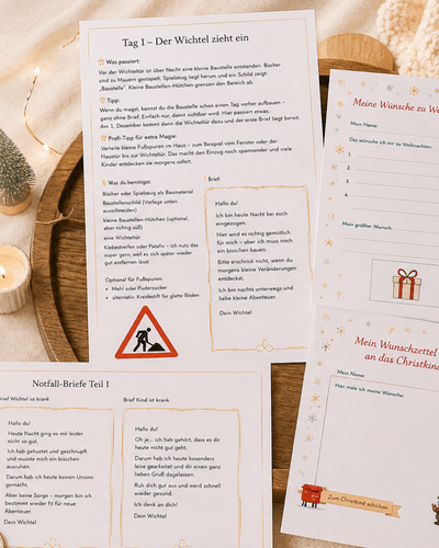 Ein Blick ins Wichtel Briefe Set zeigt Beispielseiten mit dem ersten Wichtelbrief zum Einzug, Bonus Notfallbriefen für stressige Tage und einer Wunschzettel Vorlage für die Adventszeit.